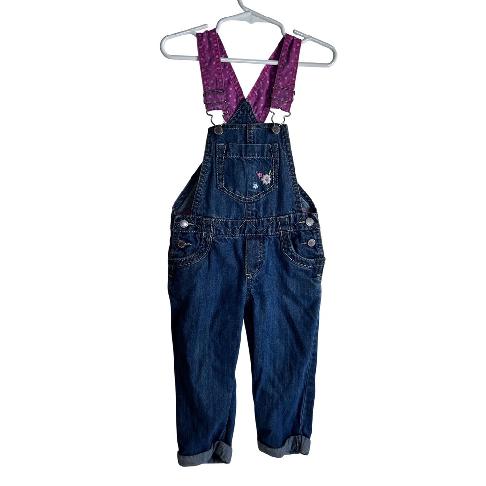 Genuine Kids Denim Overalls 3T Blue Pink Polka Dot Floral Embroidered Girls